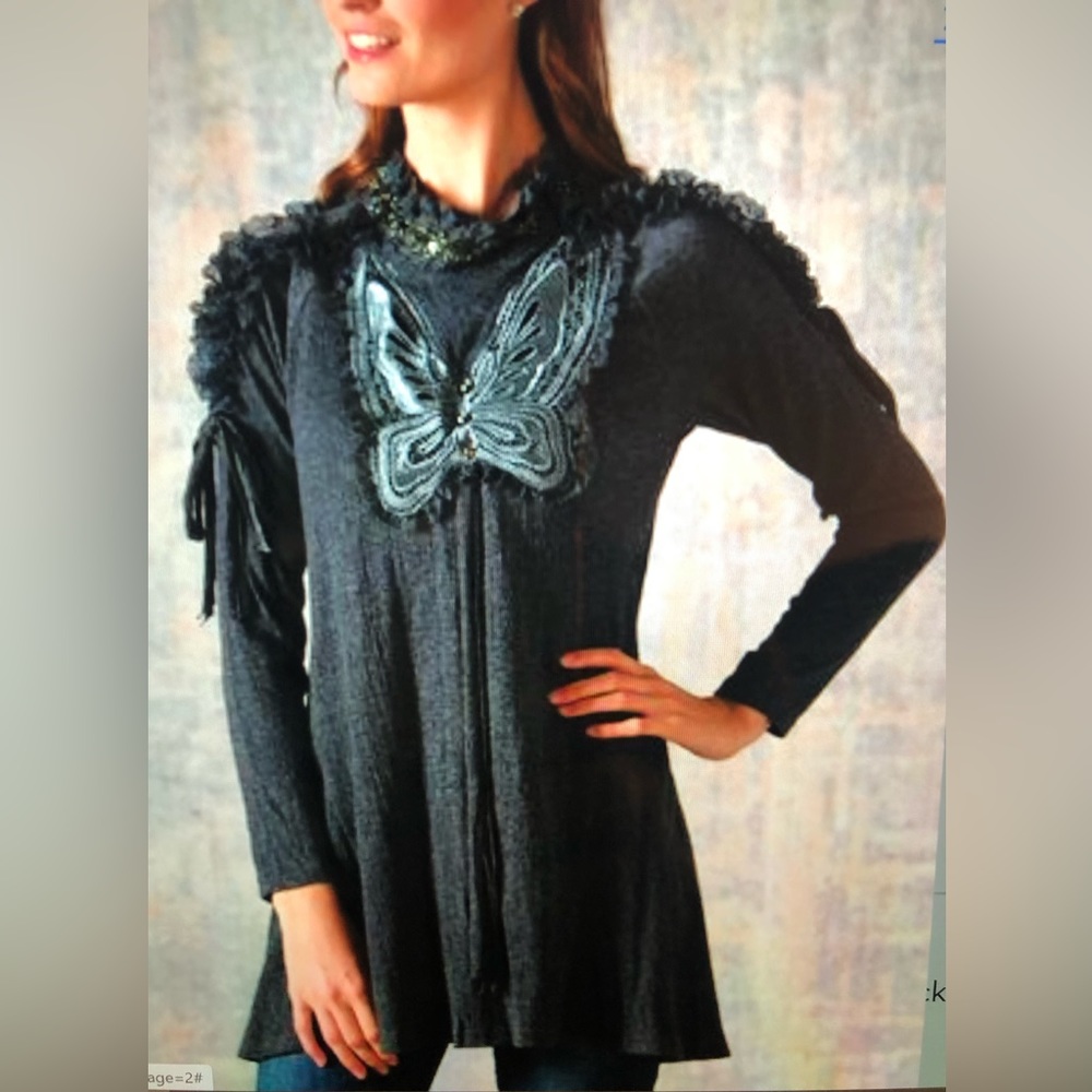 GREY Butterfly Crinkle Long Sleeve-Tie Top , Bohemian (New!) Unique Find!